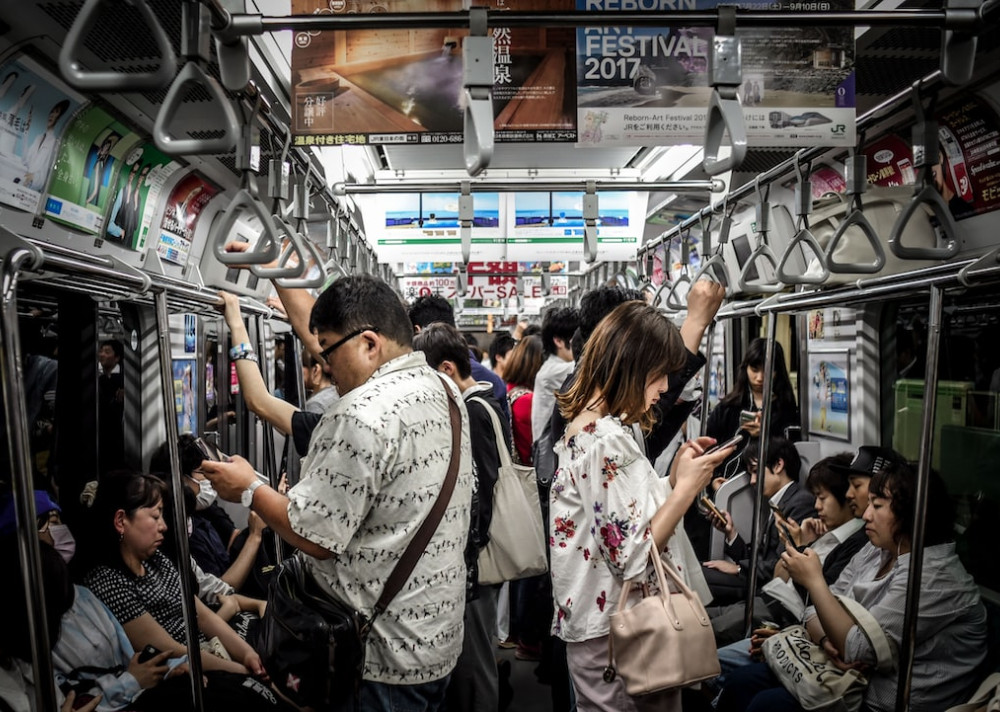 A busy subway train.