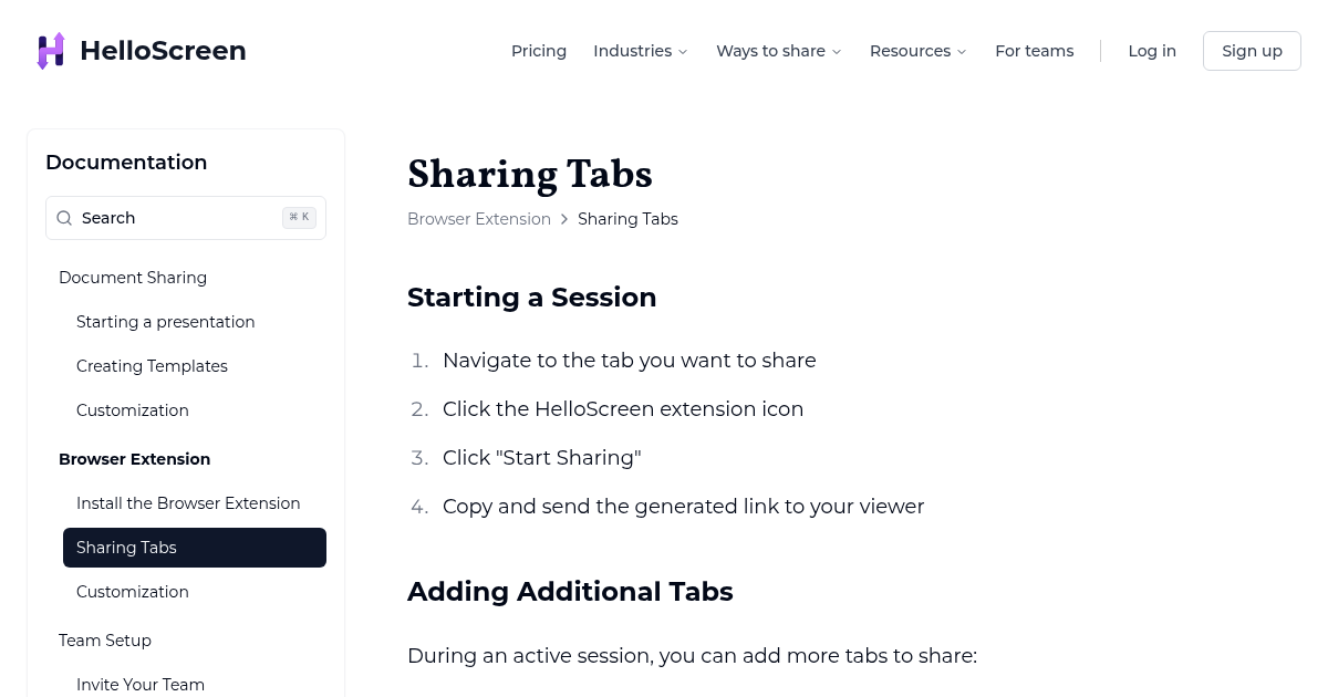 Sharing Tabs | HelloScreen Documentation