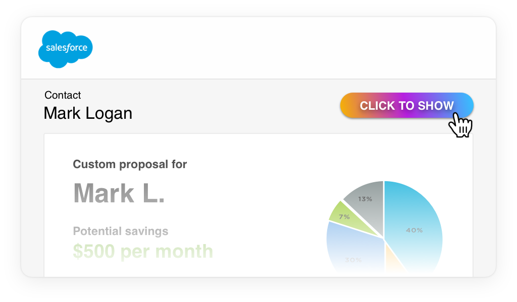 Salesforce integration interface showing custom proposal for Mark L. with potential savings and pie chart